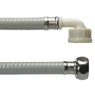 Grå NEOPERL vaskemaskineslange, 2500 mm lang, med en lige 1/2" omløber og en vinklet 3/4" omløber. PVC-materiale.