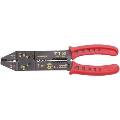 Elpress T50 pressetang til 0,5-6 mm² isolerede og uisolerede forbindelser med røde håndtag og tydelige markeringer for presning.