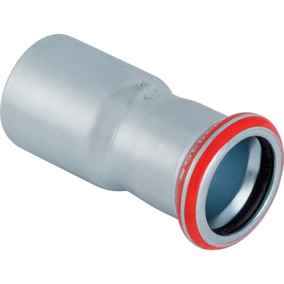 Geberit Mapress reduktion på 108 x 88 mm, forzinket stål med synlig rød presseindikatorring og prestilslutning.