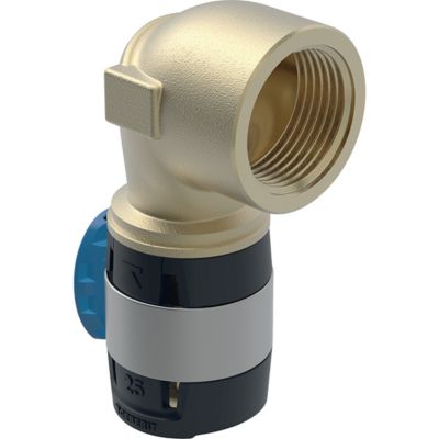 Geberit FlowFit 90° bøjning i messingfarve og sort, med blå detalje og 16 mm tilslutning samt 3/4" gevind.