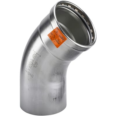 Viega Sanpress Inox XL 45 graders bøjning i rustfrit stål, dimension 88,9 x 88,9 mm, med presmuffe og orange advarselsmærkat.