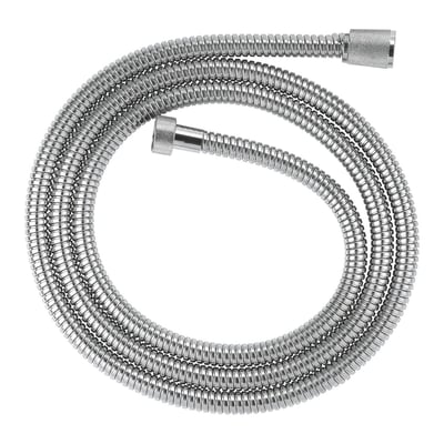 Grohe VitalioFlex Metal LongLife bruseslange på 2000 mm i krom, vist med sammenrullet metaloverflade og QuickFix-møtrikker.