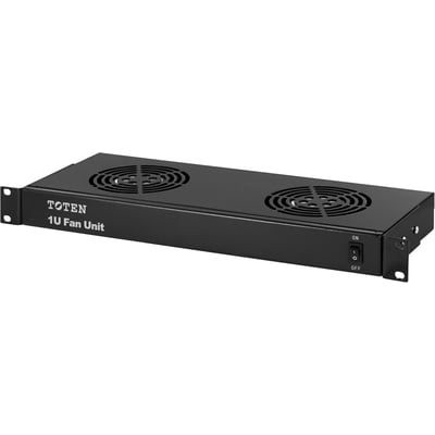 Svart Toten 1U viftepakke for 19" rack med to vifter, sett skrått forfra med ventilasjonsgitter og bryter.