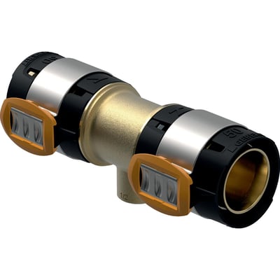 3D gengivelse af Geberit FlowFit T-stykke i blyfri rødgods, med 63mm tilslutninger og 2" indvendigt gevind på messinghus.