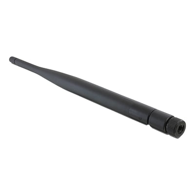 Svart DeLock WLAN-antenne med 5 dBi, RP-SMA-plugg og ledd, vist diagonalt med pluggen foran.