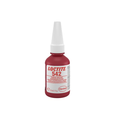 Loctite 542 gjengetetting med middels styrke i rød flaske med lang, hvit doseringshette, 10 ml.