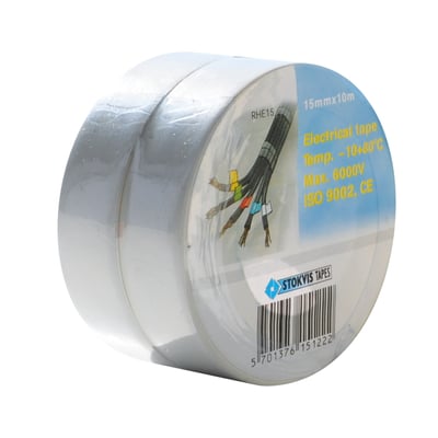 To ruller hvid Stokvis PVC tape, 15 mm bred og 10 m lang, med information om isoleringsevne og godkendelser.