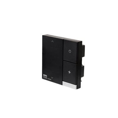 LinkedGo Smart HVAC termostat ST802-B 'Powered By Shelly' i sort plast med ikoner for tænd/sluk og blæserfunktion.