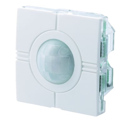 Carlo Gavazzi B4X-bevegelsesføler på 44 × 44 mm med 90° registrering, hvit front og rund sensor, sett skrått forfra.