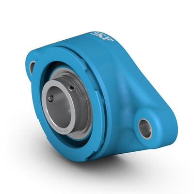 SKF Food Line lejeenhed F2BC 20M-TPSS i blå kompositmateriale med rustfri stålindsatsleje og synlige monteringshuller.
