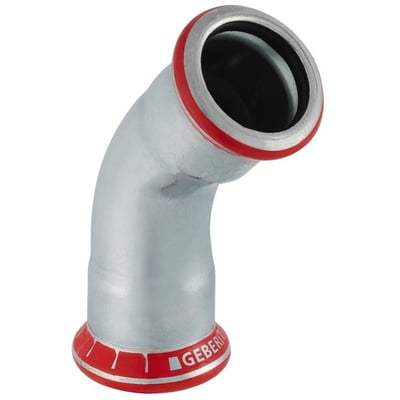 Geberit Mapress 108mm FZ bøjning med 45 graders vinkel, viser muffe til muffe samling og rød indikatorring.