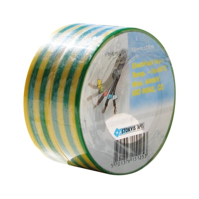 Stokvis gul/grøn PVC-tape, 15 mm x 10 m, 2 stk i plastemballage, tydeligt mærket med specifikationer.