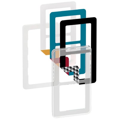 LK FUGA Choice designramme, 2 modul, transparent, med seks forskellige farveindlæg i grå, sort, turkis og rød.