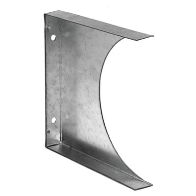 Nærbillede af Lindab FADK montagebøjle i galvaniseret stål, viser buet form til kanalmontering og monteringshuller.