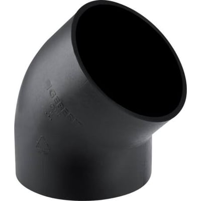Geberit avløpsbend i svart PEH, 56 mm og 45°, sett på skrå med den åpne rørmuffen tydelig synlig.