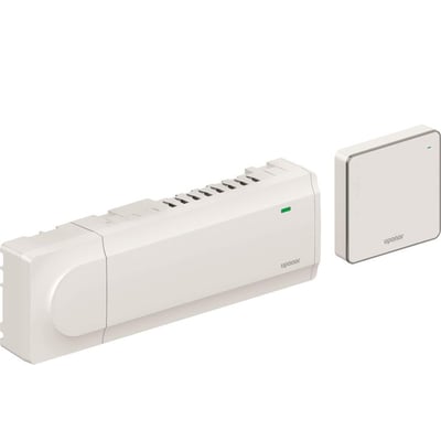 Nærbillede af Uponor Smatrix Wave kontrolenheden med synlige lameller til ventilation og Uponor logo.