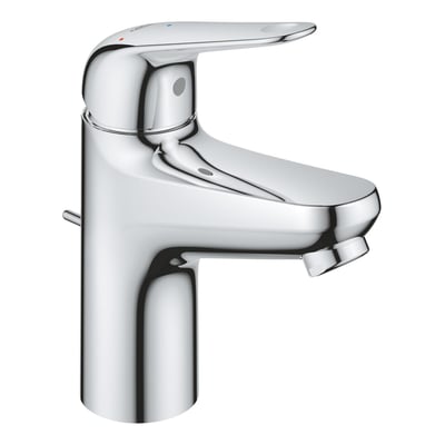 Grohe Swift et-grebs armatur i skinnende krom og messing, fremstillet af holdbart messing med blank overflade. Armaturet har en løft-op stang og er monteret på en hvid baggrund.