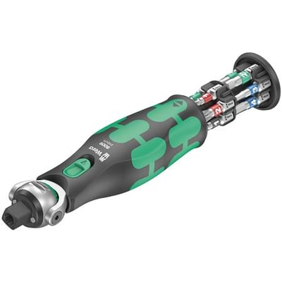 Wera 8009 Zyklop Pocket sæt 1, et kompakt skraldeværktøj med integreret bit-magasin og 12 bits i forskellige størrelser.