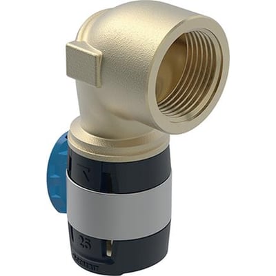 Geberit FlowFit 90° bøjning i blyfri rødgods med 25mm muffe og 3/4" indvendigt gevind, viser den gyldne metaloverflade og blå detaljer.