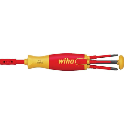 Wiha LiftUp electric skruetrækker med 6 slimBits TORX i rød og gul, med integreret bitmagasin i håndtaget.