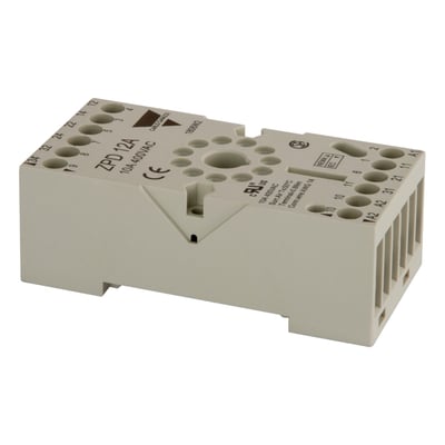 Carlo Gavazzi ZPD12A 11-polet sokkel for DIN-skinne sett skrått ovenfra med terminalåpninger og merkinger.