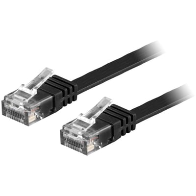 DELTACO U/UTP Cat6 fladt patchkabel i sort med to RJ45-stik på en hvid baggrund.