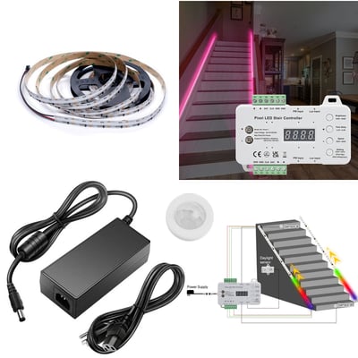 LEDlife RGB LED-stripssett til trapp, 2 x 5 meter, vist med ruller, styring og strømforsyning samt rosa lys i en trapp.