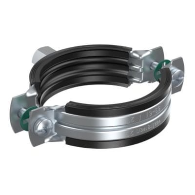 Detaljebillede af Walraven 2S rørbøjle med EPDM indlæg, viser skruer og justeringsmekanisme i elforzinket stål.