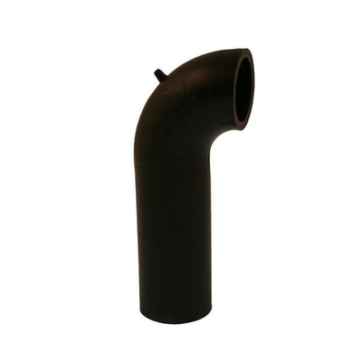 En sort Geberit PEH bøjning på 110 mm og 90 graders vinkel, vist fra siden med det lange ben i forgrunden.