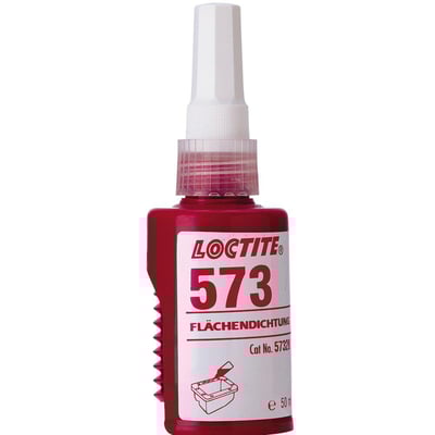 Loctite 573 Master Gasket 50ml flangedichtning i en rød plastflaske med hvid hætte og hvid etiket med produktinformation.