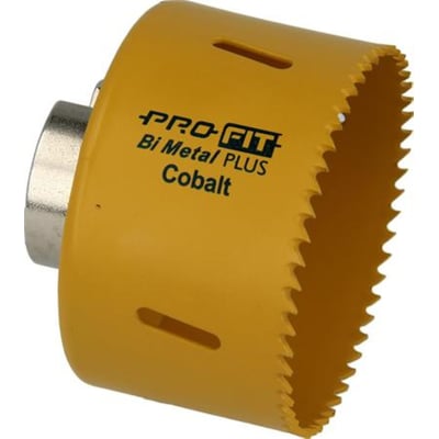 PRO-FIT ProBit Plus Cobalt hulsav på 73 mm til metal, med skarpe bimetaltænder og integreret adapter i gul.
