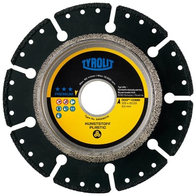 Tyrolit PREMIUM skære- og affasningsskive DCCI-COMBI, 125x3x22,23 mm, til kunststofrør med diamantbelagt affaser og galvaniseret skærekant.