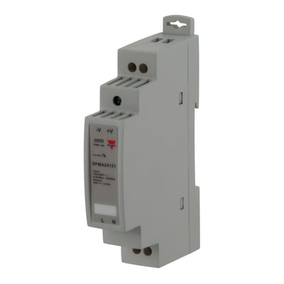 Carlo Gavazzi SPMA24151 strømforsyning for 24 V DC, 0,63 A og 15 W, sett skrått forfra.