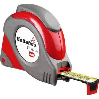 Hultafors BT målebånd 8 meter med gult, mat stålbånd og beskyttende røde gummiområder. Båndet har metermarkeringer og en bremsefunktion.