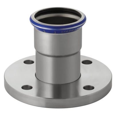 Geberit Mapress overgangsflange i rustfrit stål, 108mm, med pressemuffe og blå markering, vist forfra.