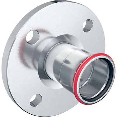 Geberit overgangsflange med prestilslutning for 35mm rør. Den har en forzinket stålfinish og en synlig rød O-ring, klar til presning.