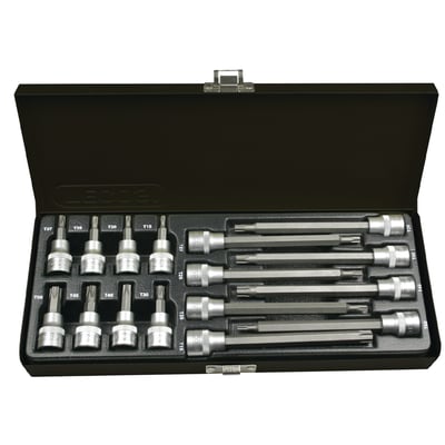 Tecos torxtopsæt i metalæske med 14 dele, viser både korte og lange T-toppe fra T15 til T50 på 3/8" fatning.