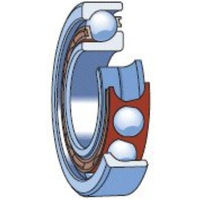 Snit af SKF 7208 BECBM enradet vinkelkontaktleje, der viser kugler, løberinge og rød centerholder.