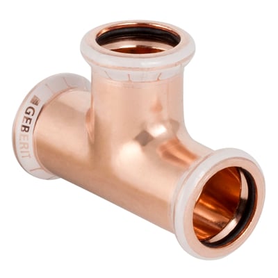 Geberit Mapress T-stykke i skinnende kobber med 22mm muffesamlinger, tydeligt Geberit logo og hvid presindikator.
