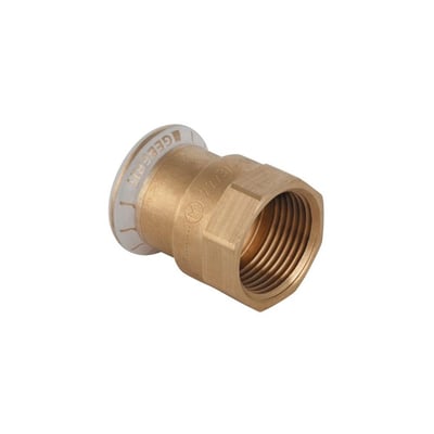 Geberit Mapress overgang i kobber med 35mm presfitting og 1" indvendigt gevind, set fra siden på hvid baggrund.