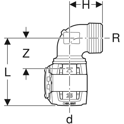Teknisk tegning af Geberit FlowFit 90° bøjning med 25mm tilslutning og 1" udvendigt gevind, inklusive dimensioner.