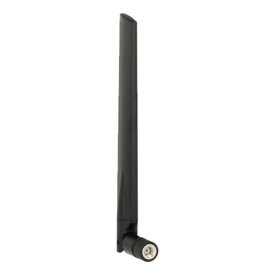 Svart DeLock dualband-WLAN-antenne med lang, slank antenne og RP-SMA-hannkontakt, sett skrått fra siden.