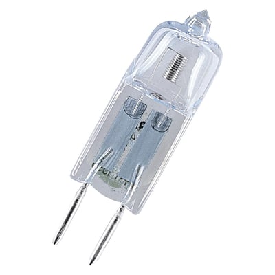 Osram Halostar 20W 12V G4 ovnpære med G4 sokkel og to stifter, lavet af klart glas med synlig glødetråd.