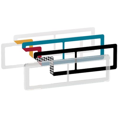 LK FUGA Choice dobbelt designramme i transparent, 2x2 modul, vist med forskellige farveindlæg som sort, blå og rød.