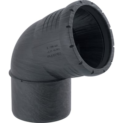 Geberit Silent-Pro bøjning 67.5° med 90 mm diameter, lavet af mørkegrå plast med tydelig indgravering af mærke og specifikationer.