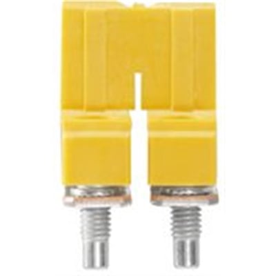 Nærbillede af Weidmüller Laske T/WDU 6mm, 2-polet, WQV 6/2, der viser de gule isoleringsdele og M3 skruer.