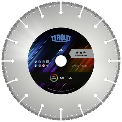 Tyrolit Premium Cut-All diamantskæreskive på 230mm med en hul i midten, ideel til alle materialer.