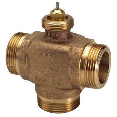Detaljeret billede af Danfoss VMV 30-20 3-vejs sædeventil med synlig mærkning af model og Kvs-værdi.