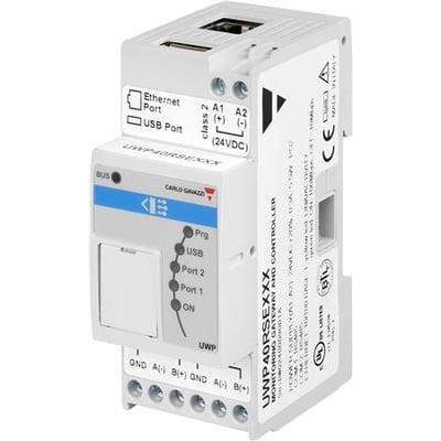 Carlo Gavazzi UWP40RSEXXXSE gateway og controller med synlige porte og LED-indikatorer.