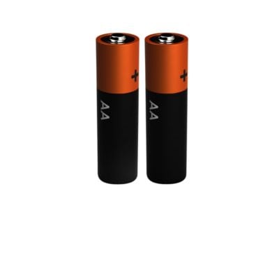To Oras 1,5V AA lithium batterier står ved siden af hinanden på hvid baggrund, med orange top og sort cylinder.